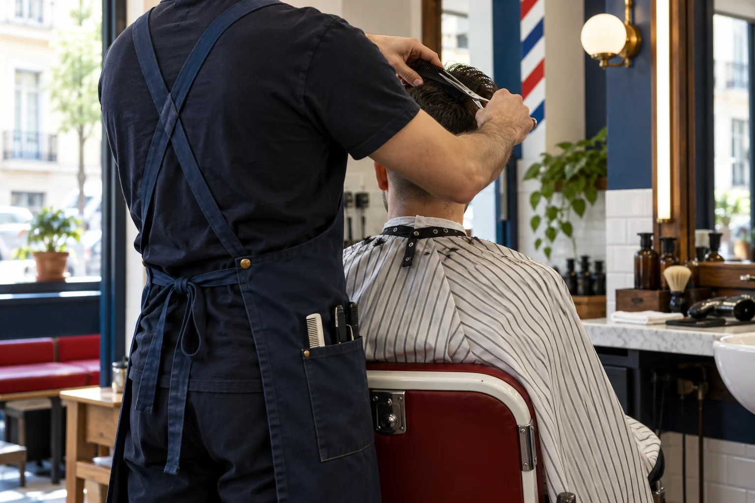 Escena ilustrativa de un barbero trabajando, sin rostros visibles