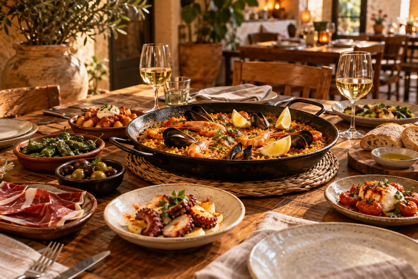 Mesa de restaurante con platos para compartir, imagen ilustrativa